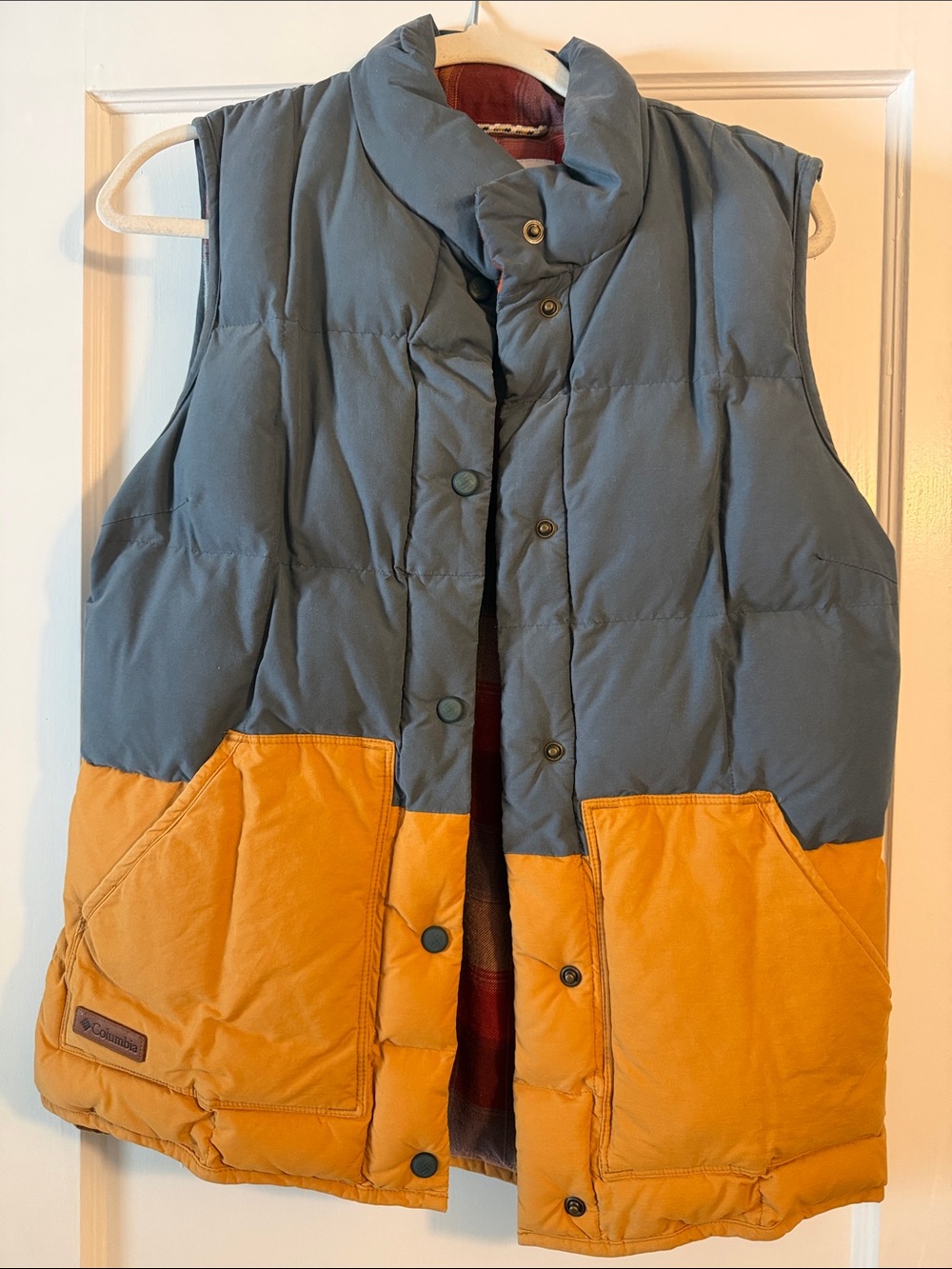 Columbia Two-Tone Puffer Vest in Slate Blue and Mustard